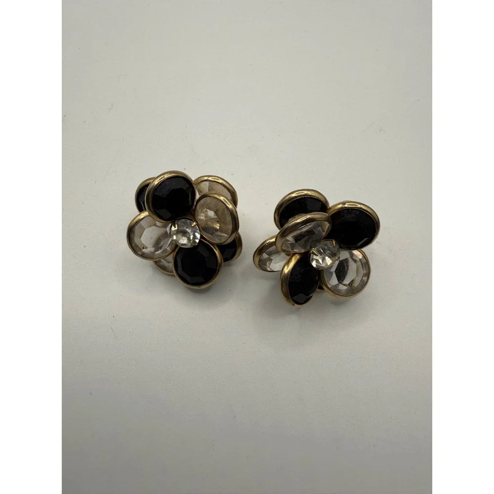 Vintage Gold Tone Black Clear Crystal Flower Clip On Statement Earrings 1 Inch